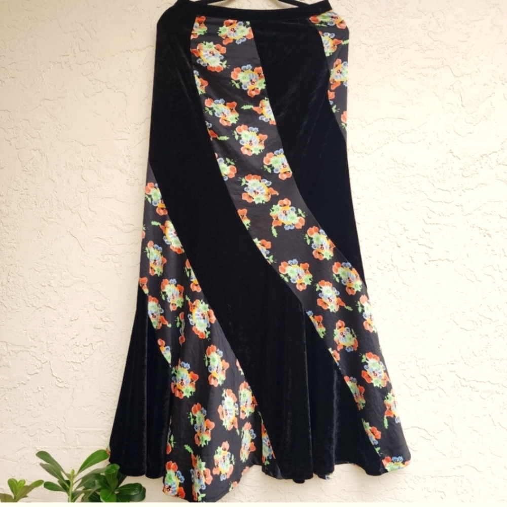 Free people maxi skirt twisted black velvet silk Floral Boho Mermaid style